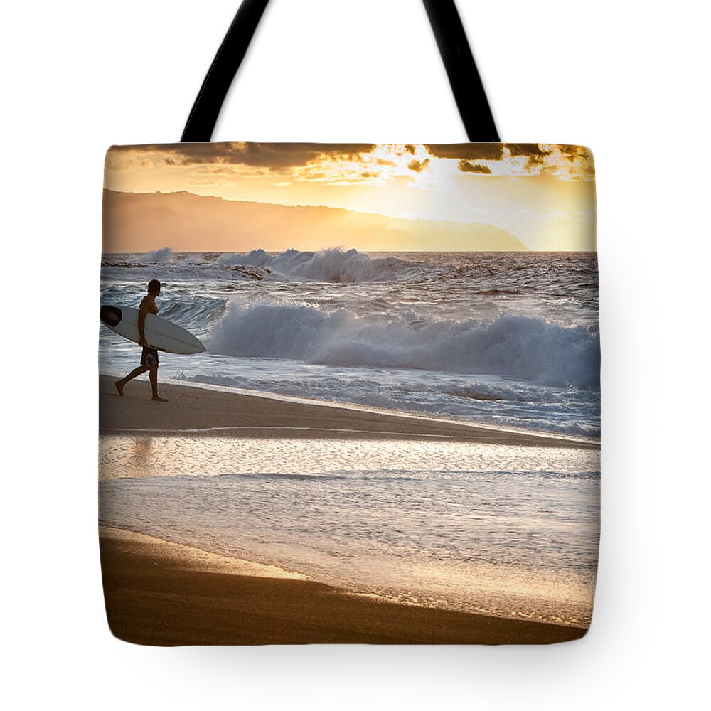North Shore Tote Bag featuring the photograph Surfer on Beach by Patti Schulze