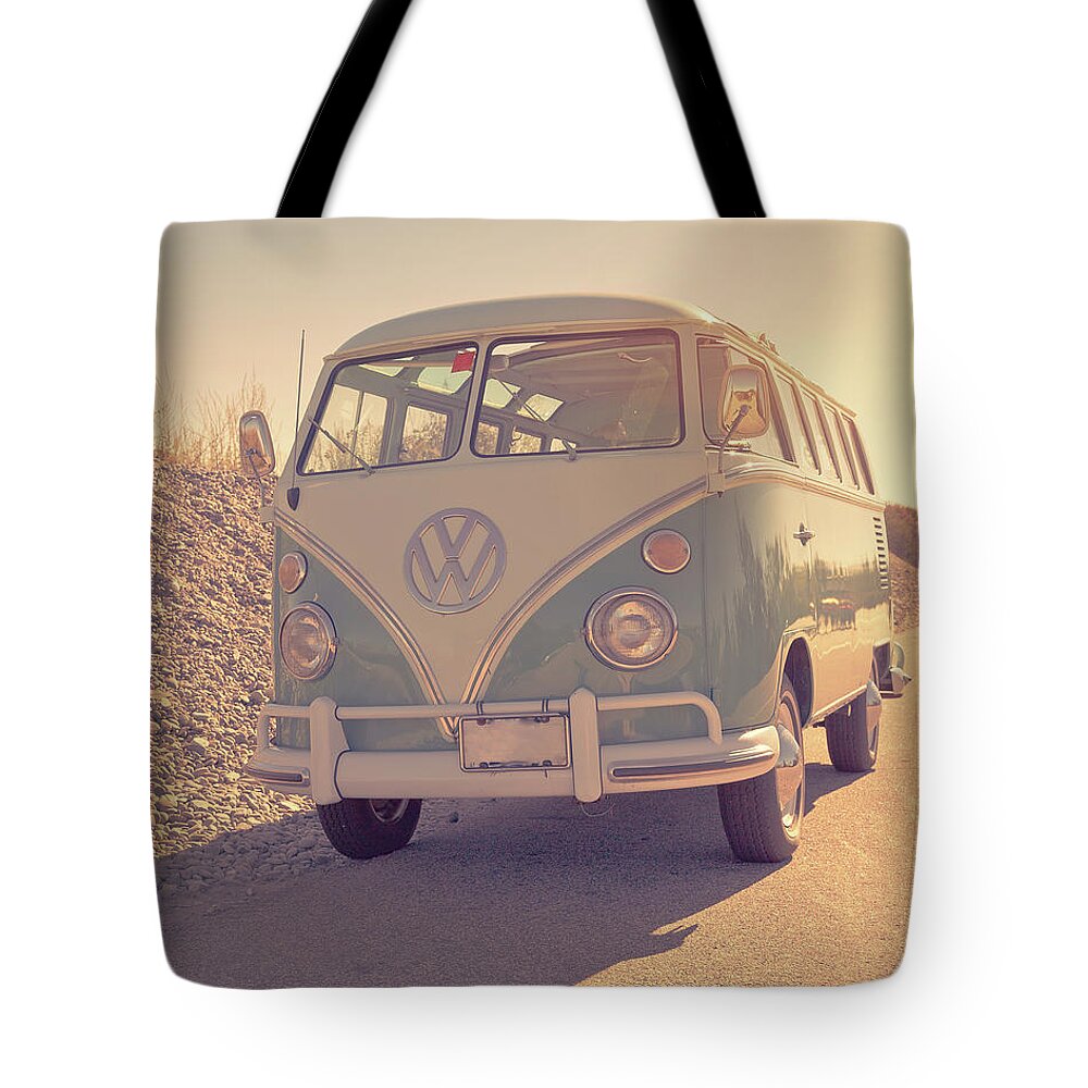 Surfer Tote Bag featuring the photograph Surfer's Vintage VW Samba Bus at the beach 2016 by Edward Fielding
