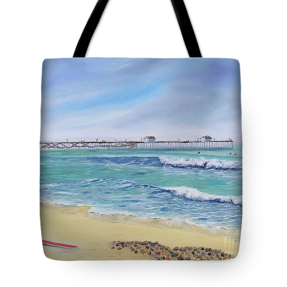 San Clemente Tote Bag featuring the painting Surfing in San Clemente by Mary Scott