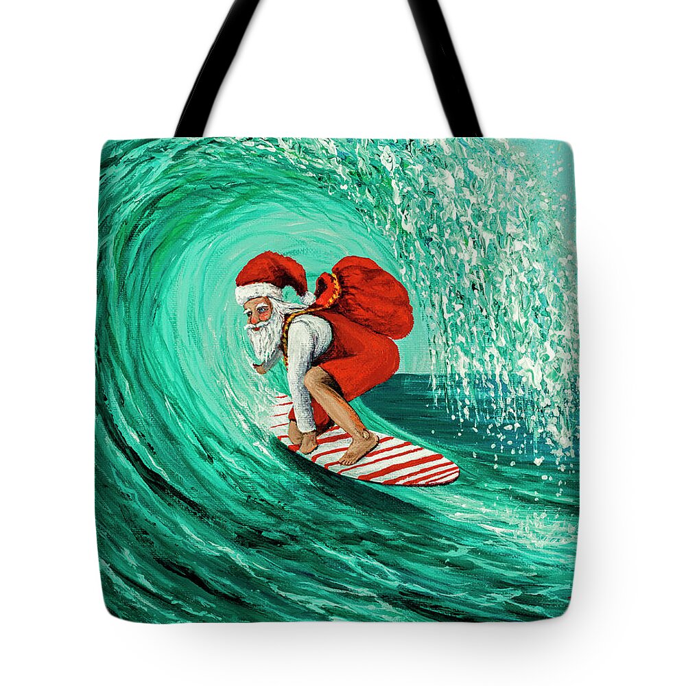 Christmas Tote Bag featuring the painting Surfing Santa by Darice Machel McGuire