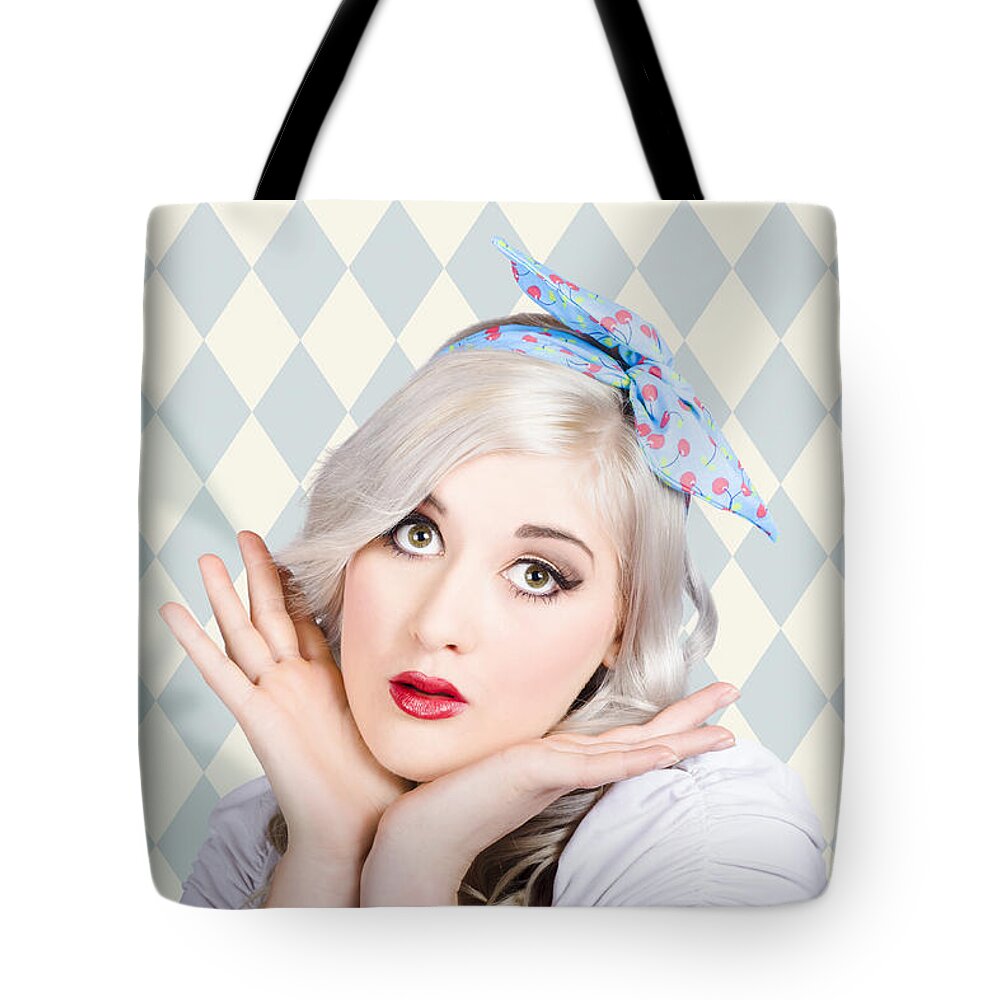 Girl Tote Bag featuring the photograph Surprised pin up woman with perfect makeup by Jorgo Photography