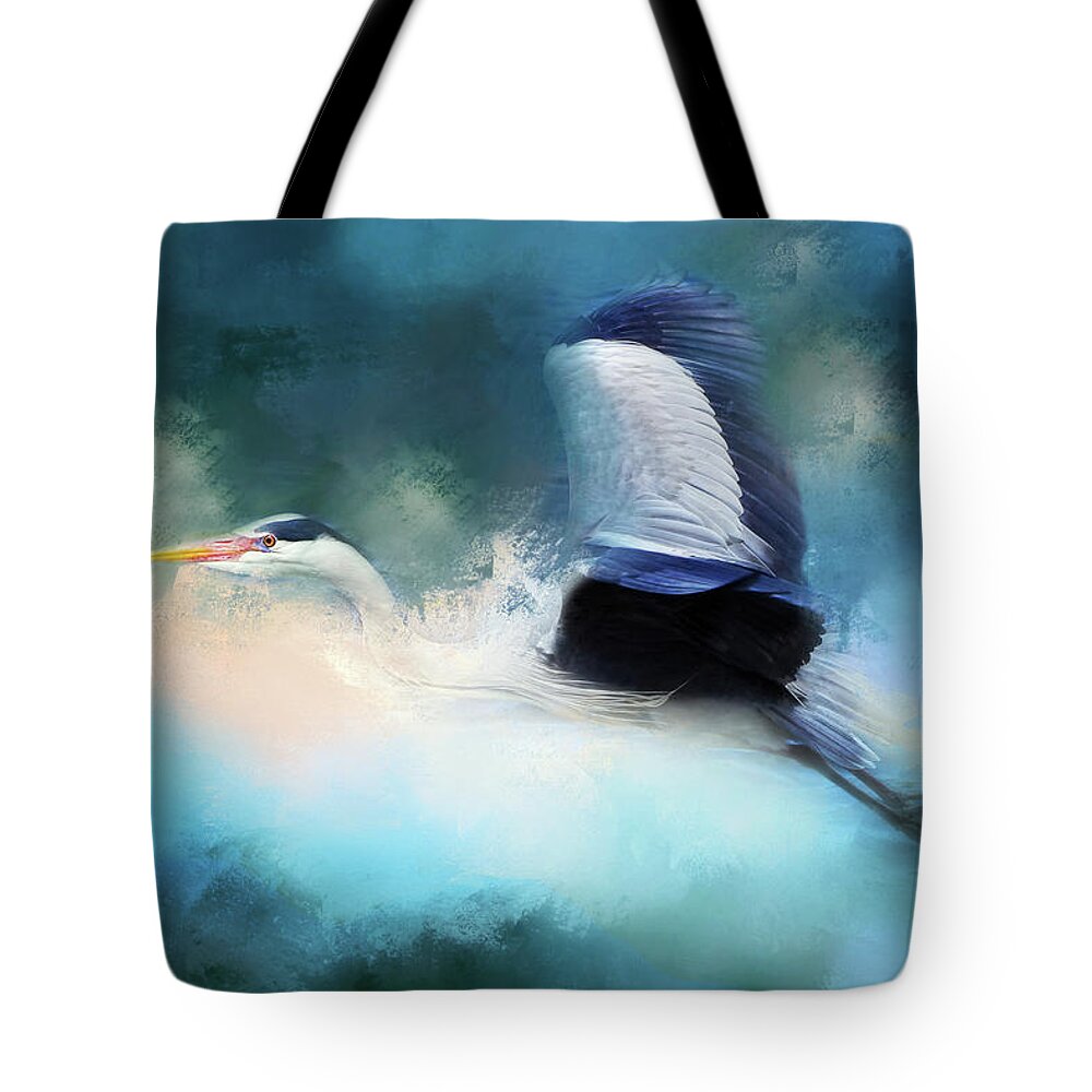 Stork In A Storm Tote Bag featuring the mixed media Surreal Stork In A Storm by Georgiana Romanovna