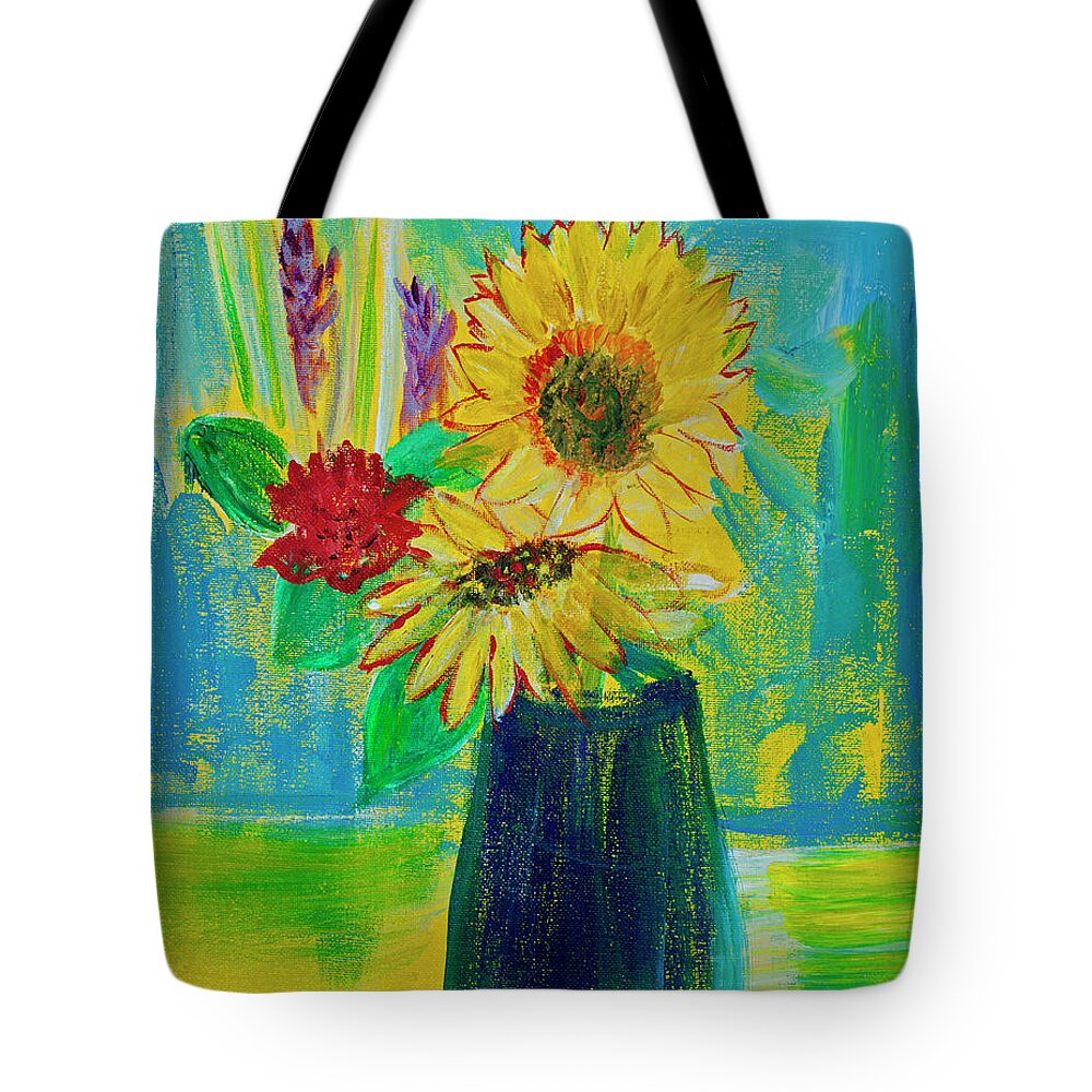 Flowers Tote Bag featuring the painting Surreal Sunflowers 14x11 by Santana Star