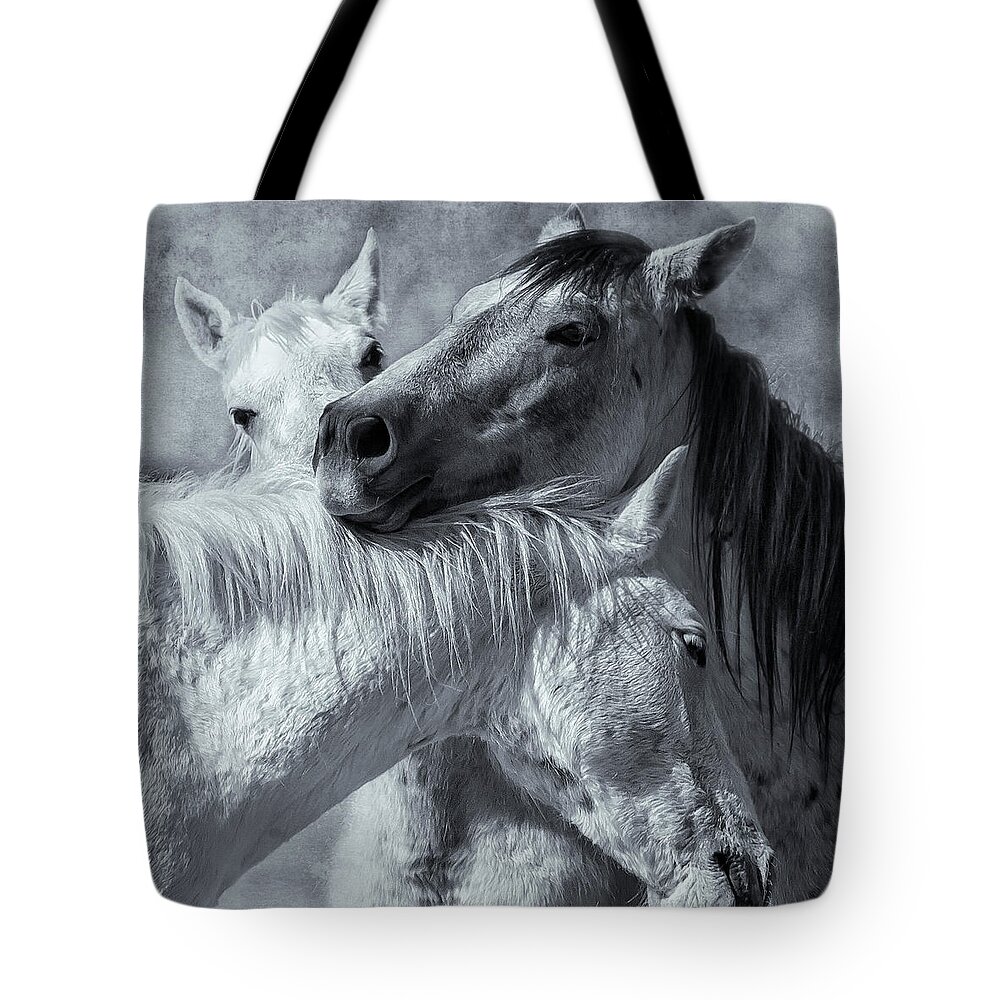 Wild Horses Tote Bag featuring the photograph Surrounded by Love BW by Belinda Greb