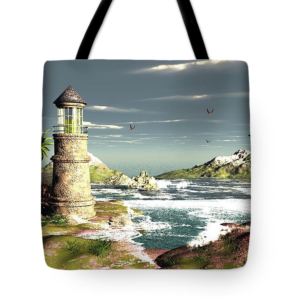Lighthouse Tote Bag featuring the digital art Susan Beach Lighthouse by John Junek