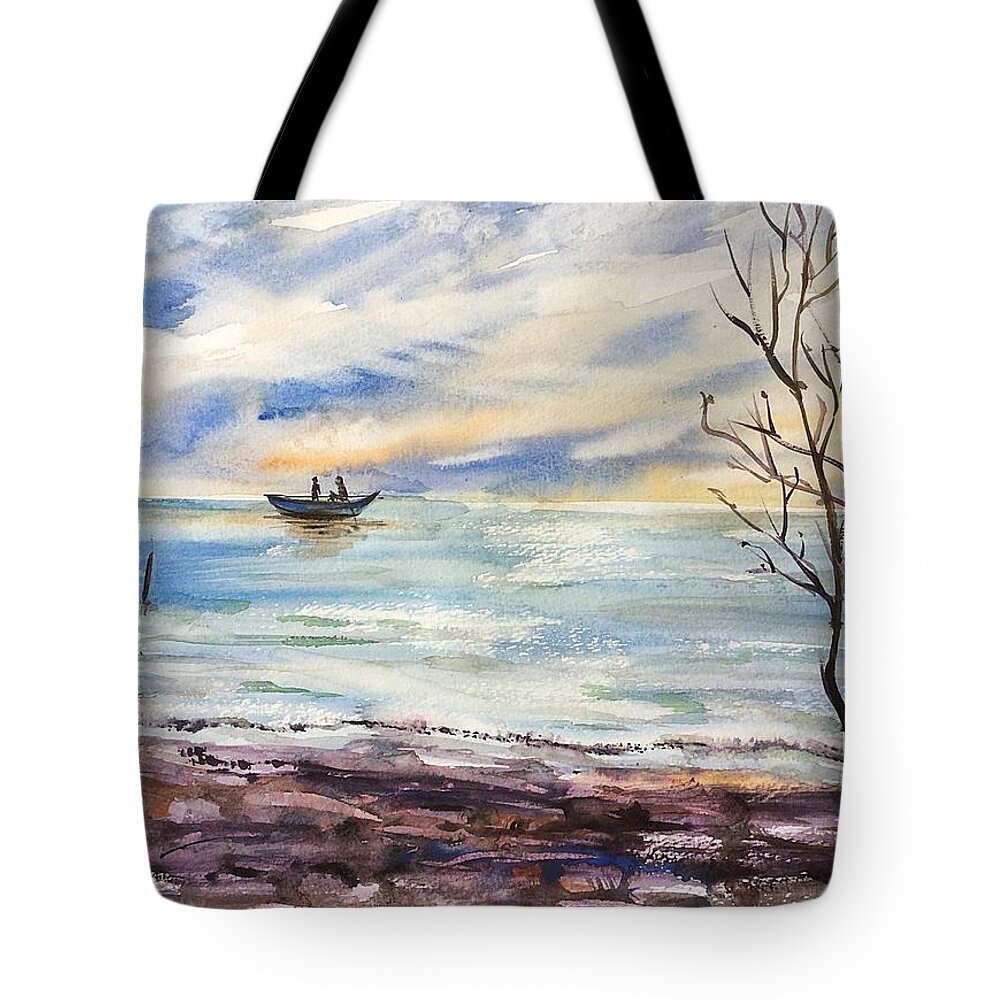 Serenity Tote Bag featuring the painting Suset 2 by Katerina Kovatcheva