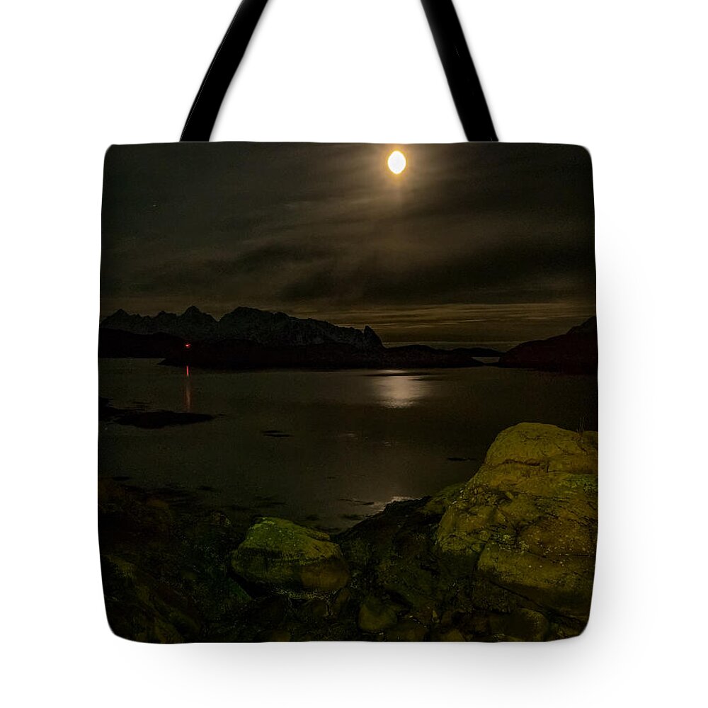 Moon Tote Bag featuring the photograph Svolvaer Bay by Mark Llewellyn