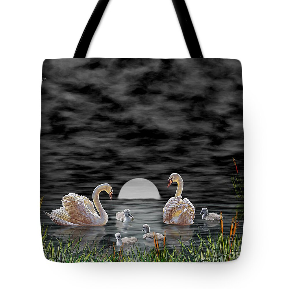 Swan Tote Bag featuring the digital art Swan Family by Terri Mills