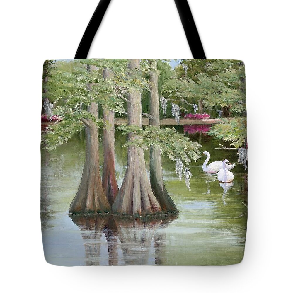 Swans In Small Lake Tote Bag featuring the painting Swan Lake by Audrey McLeod