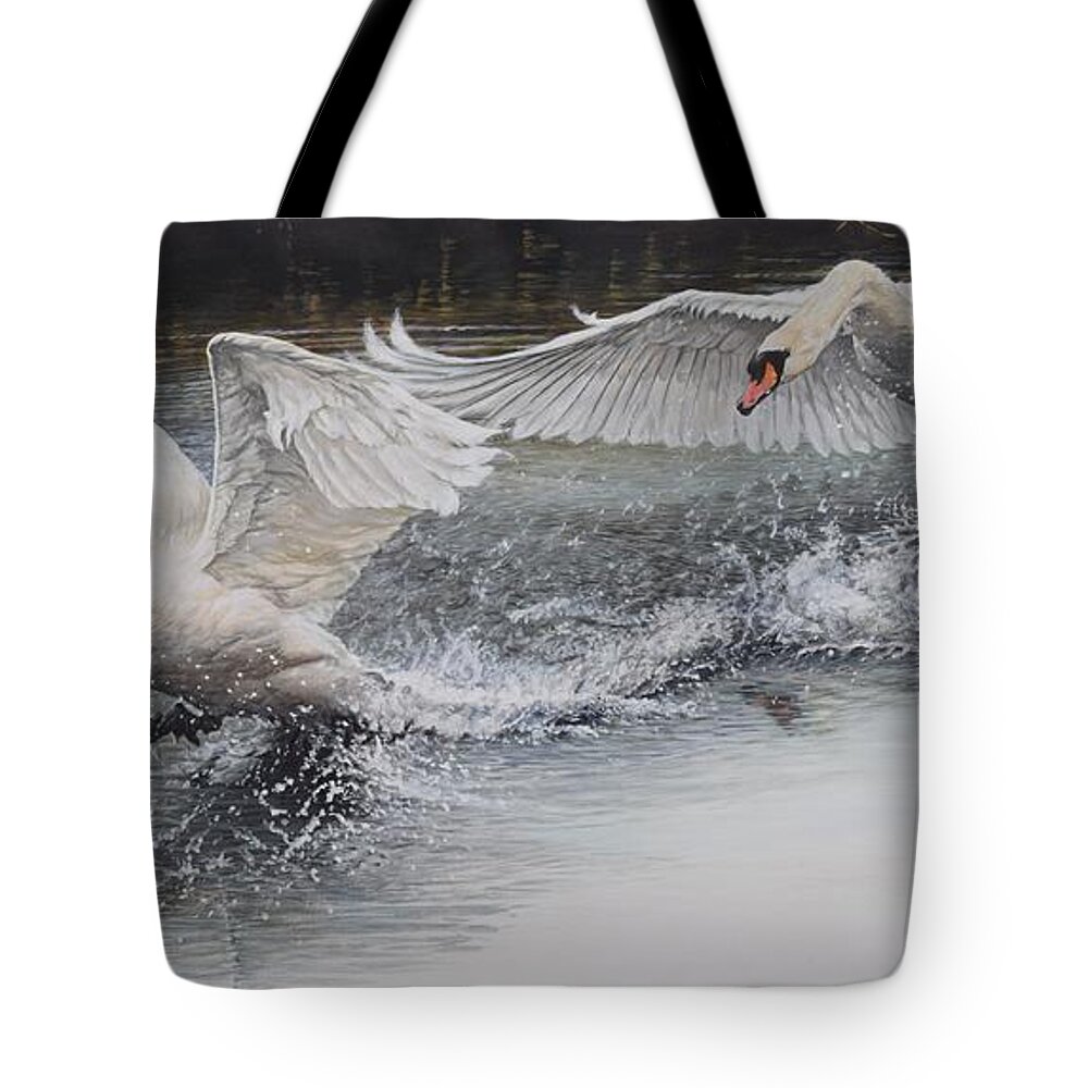Wildlife Paintings Tote Bag featuring the painting Swans in Dispute by Alan M Hunt