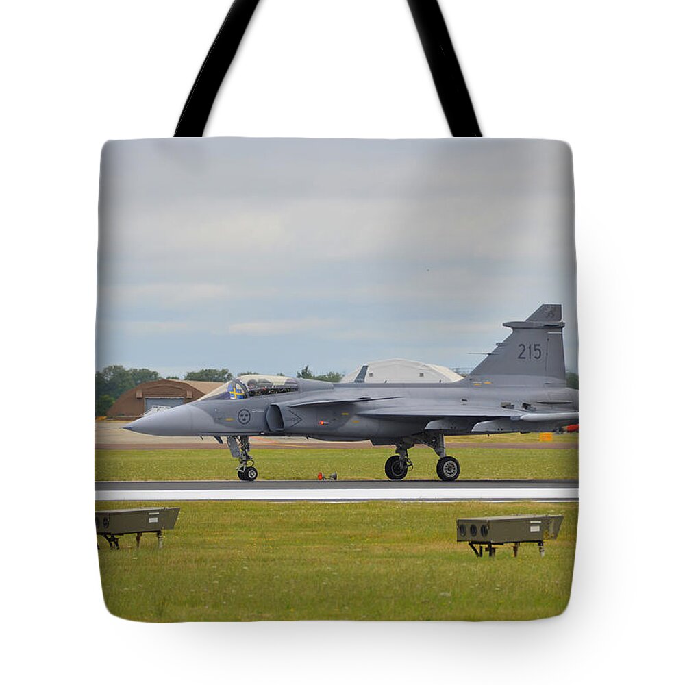 Swedish Tote Bag featuring the photograph Swedish Air Force 215 JAS 39A Gripen at the 2017 RIAT Air Show by Gordon James