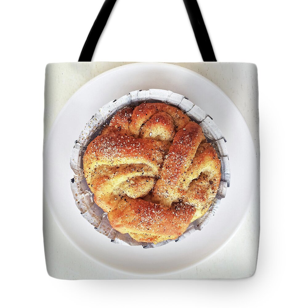 Pastry Tote Bag featuring the photograph Sweet cardamom bun on a plate by GoodMood Art