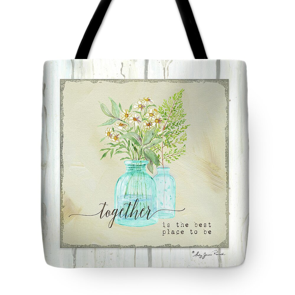 Aqua Tote Bag featuring the painting Sweet Life Farmhouse 2 Together Aqua Vintage Antique Bottles with Daisies Fern Frond Shiplap Wood by Audrey Jeanne Roberts