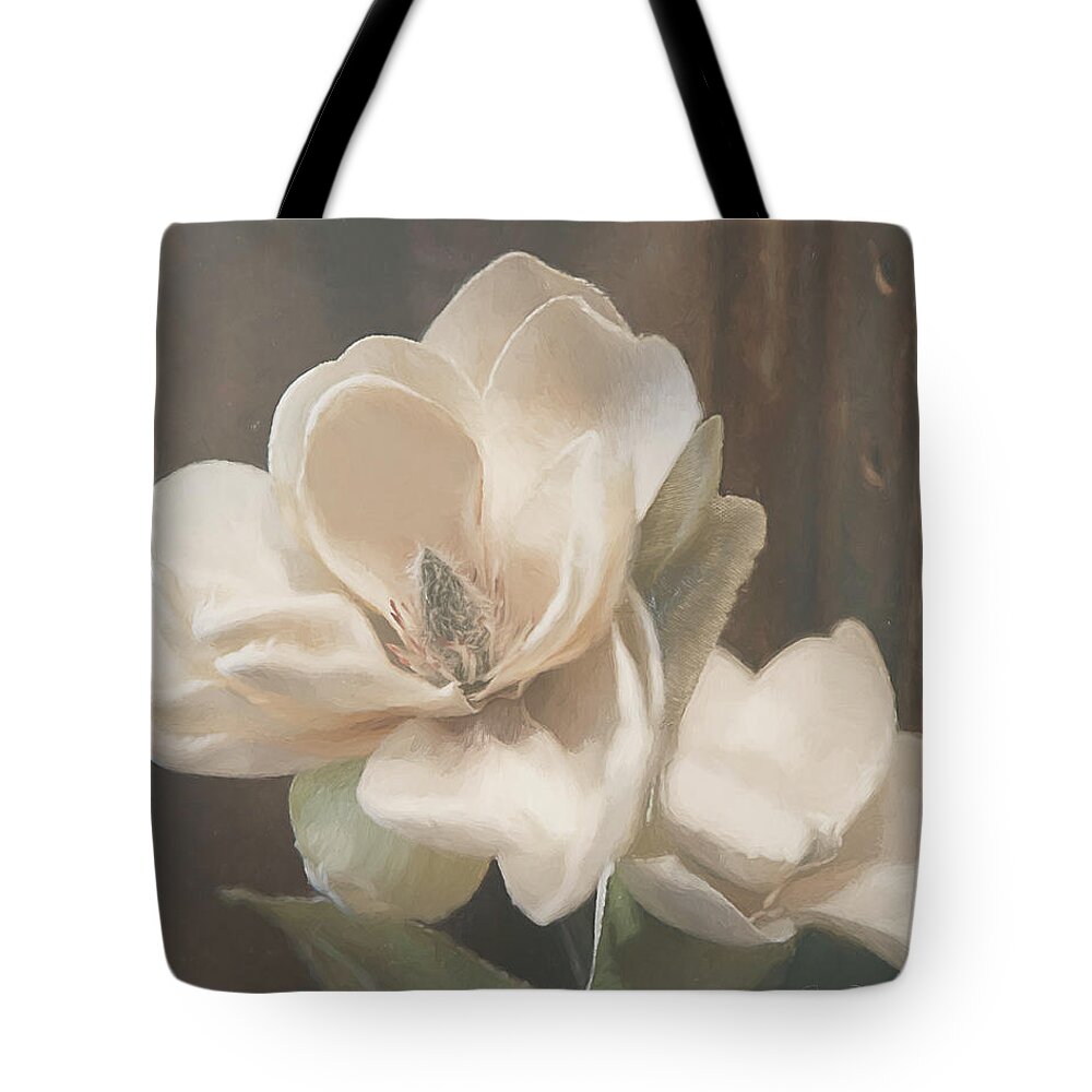 Sweet Magnolia Blossom By Tl Wilson Photography Is A Digital Painting Made From An Original Photograph Of A Magnolia Blossom Against A Rustic Background. Tote Bag featuring the mixed media Sweet Magnolia Blossom by Teresa Wilson