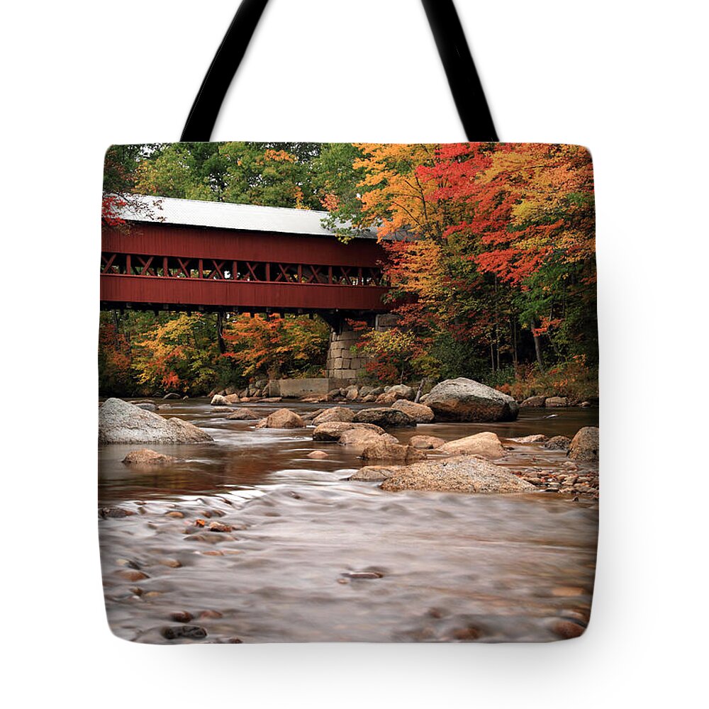 New Hampshire Tote Bag featuring the photograph Swift River Covered Bridge with Autumn Colors by Brett Pelletier