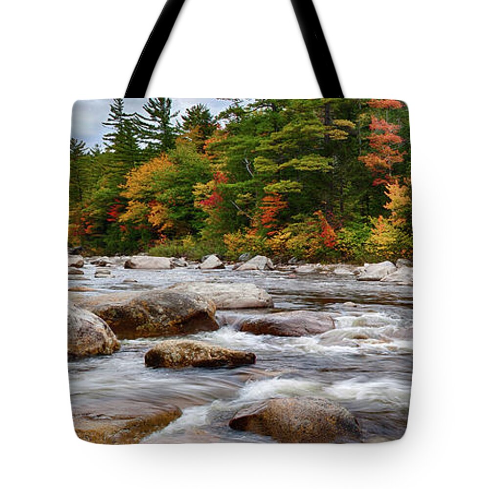 Albany New Hampshire Tote Bag featuring the photograph Swift River runs through fall colors by Jeff Folger