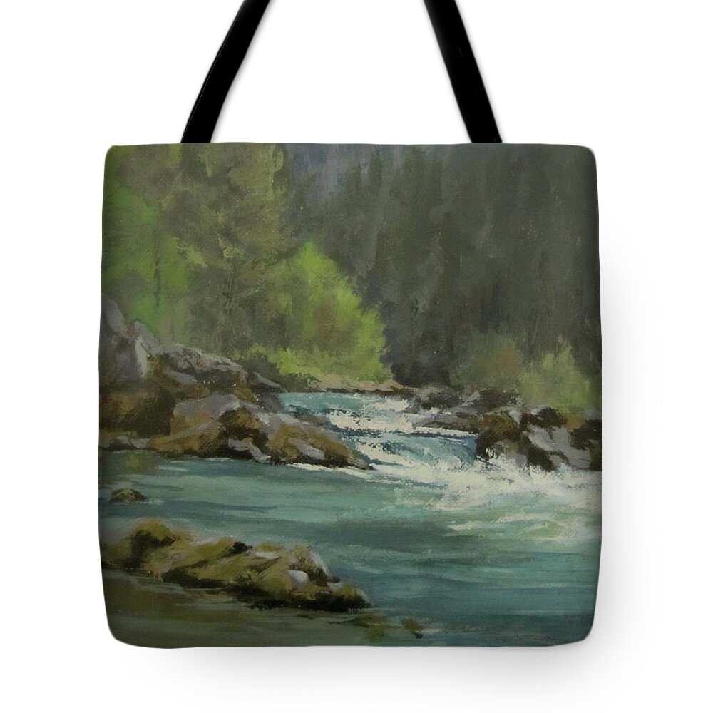 River Tote Bag featuring the painting Swiftwater by Karen Ilari