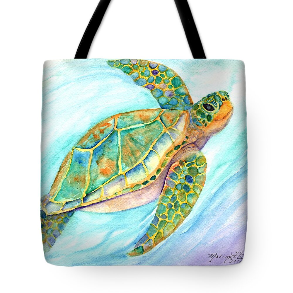 Kauai Art Tote Bag featuring the painting Swimming, Smiling Sea Turtle by Marionette Taboniar