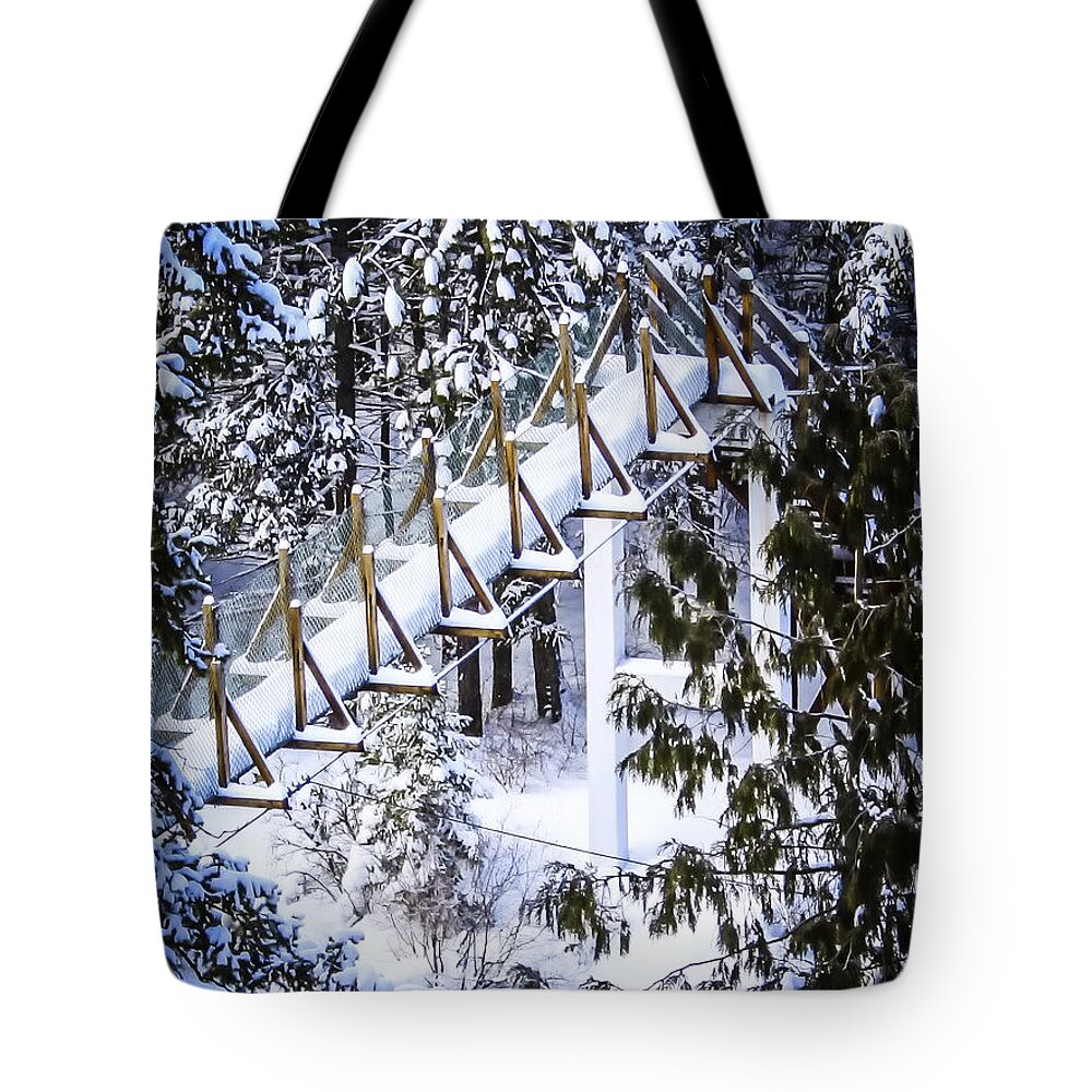 Winter Tote Bag featuring the photograph Swinging bridge at Kootenai Falls by Albert Seger