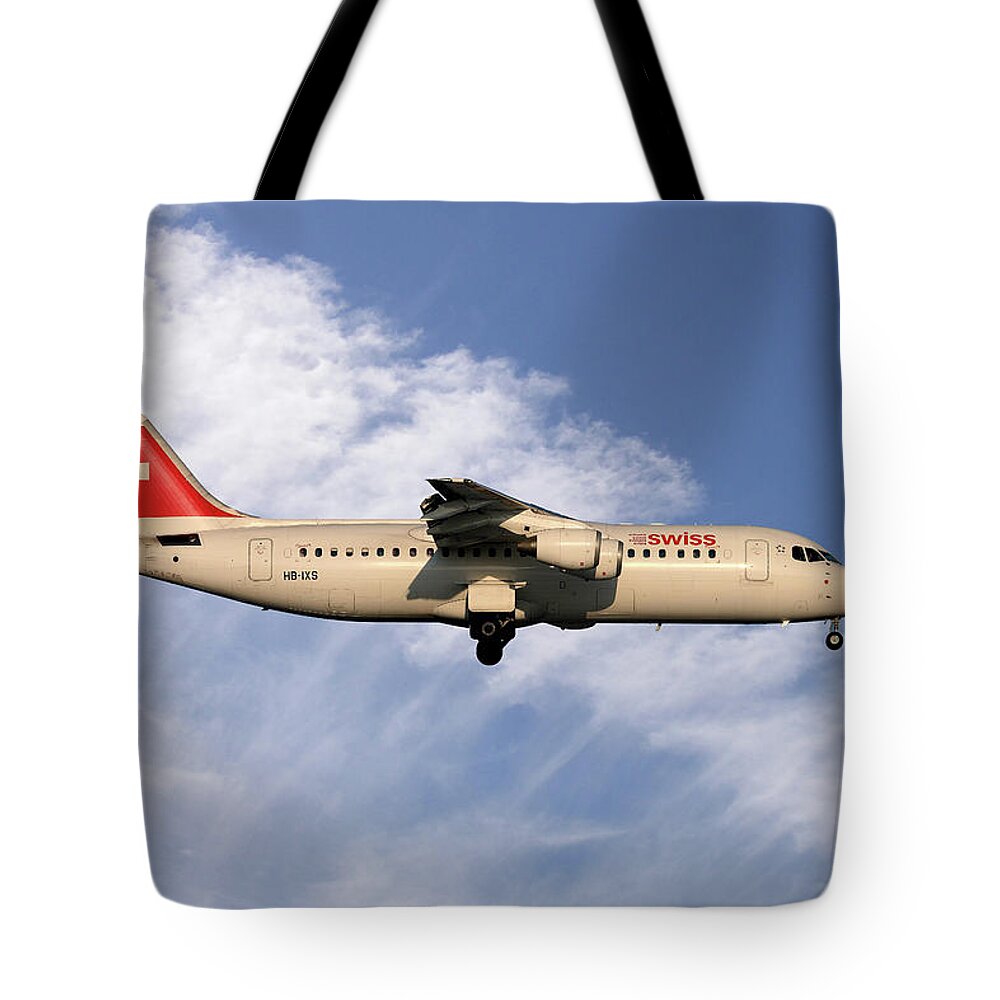 Swiss Tote Bag featuring the photograph Swiss Avro RJ100 by Smart Aviation