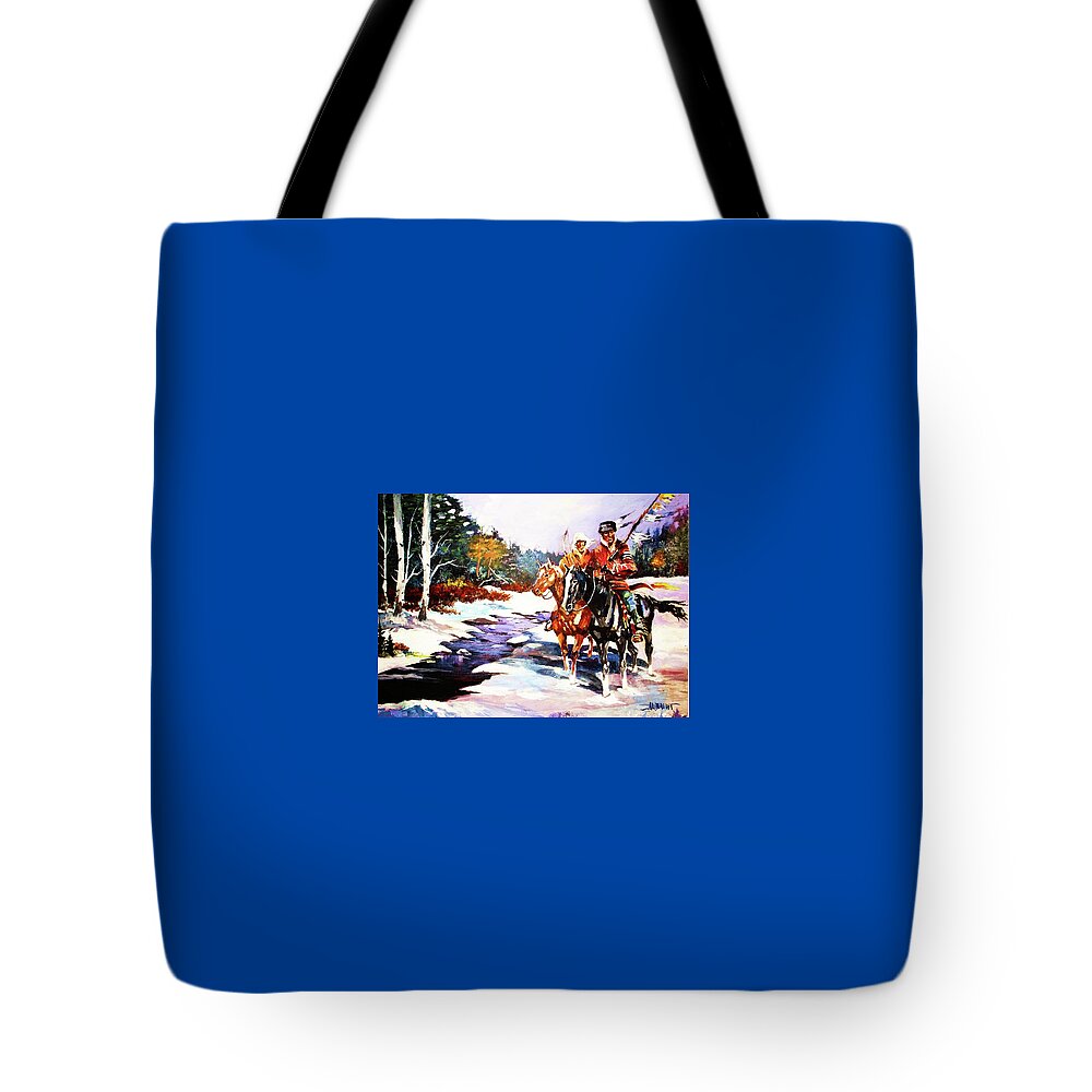 Trees Tote Bag featuring the painting Snowbound Hunters by Al Brown