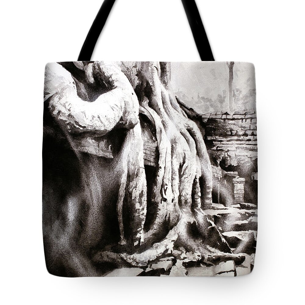 Ancient Ruins Tote Bag featuring the painting Sycamore tree overgrowing ruins- Cambodia by Ryan Fox