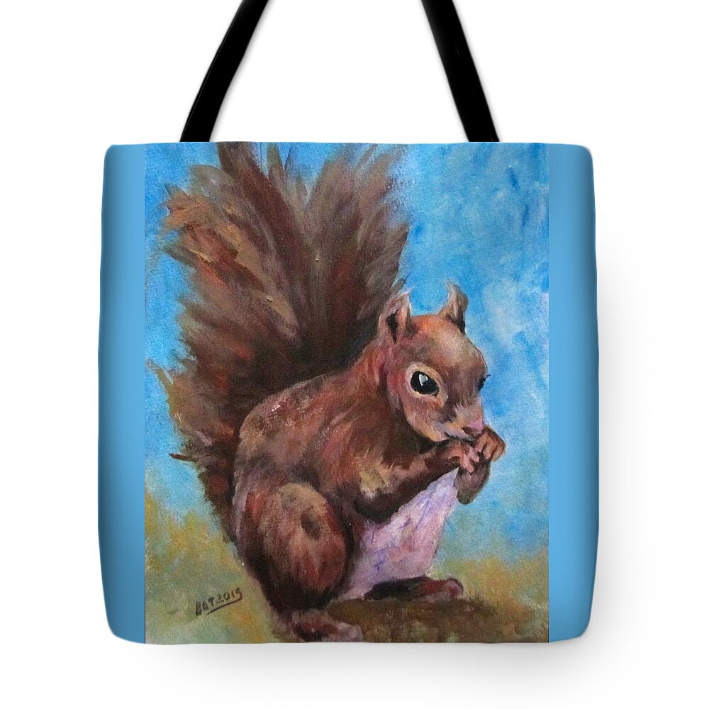 Squirrel Tote Bag featuring the painting Sylas Saves for Winter by Barbara O'Toole