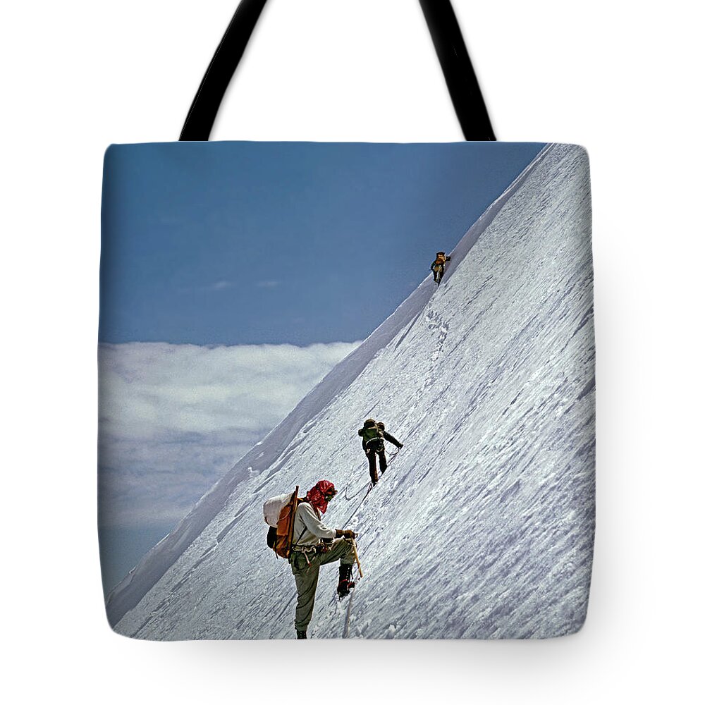 T104106 Tote Bag featuring the photograph T-104106 Climbing Steep Ice on Mt. Baker 1957 by Ed Cooper Photography