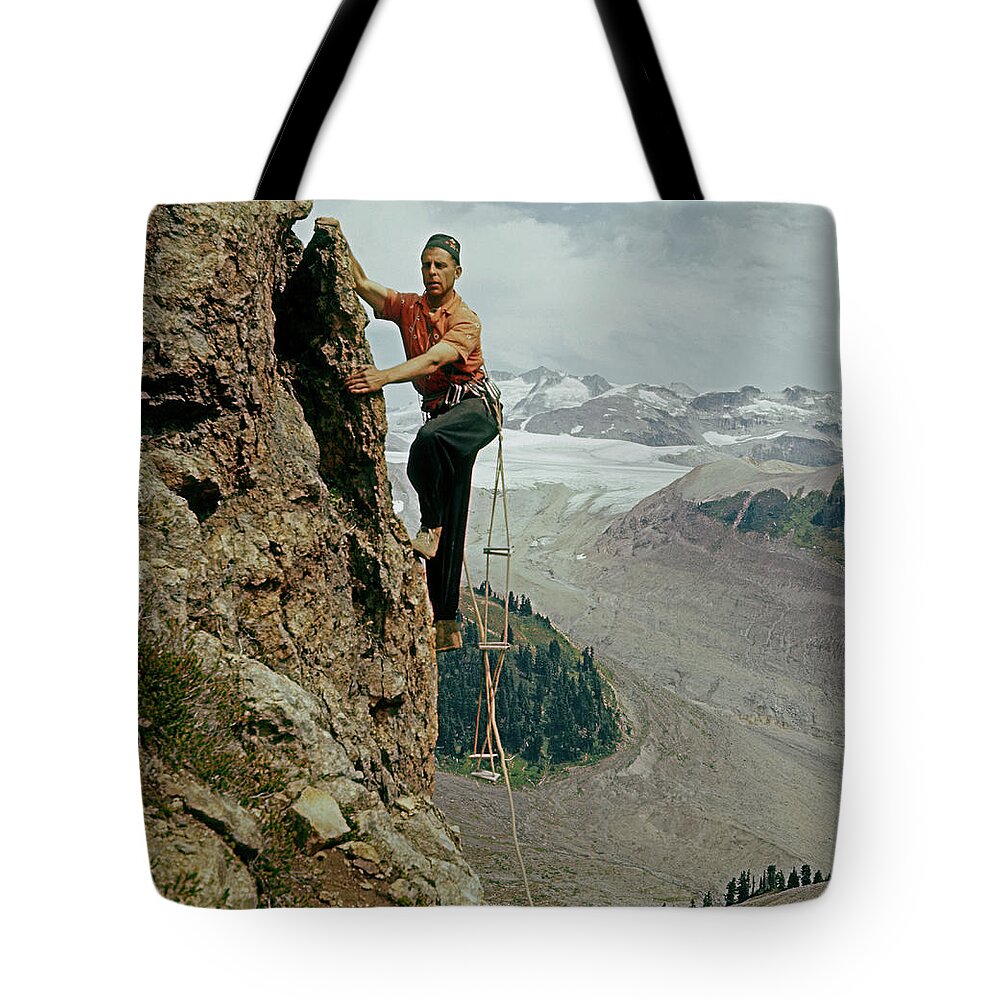 Garibaldi Meadows Tote Bag featuring the photograph T-902901 Fred Beckey Climbing by Ed Cooper Photography
