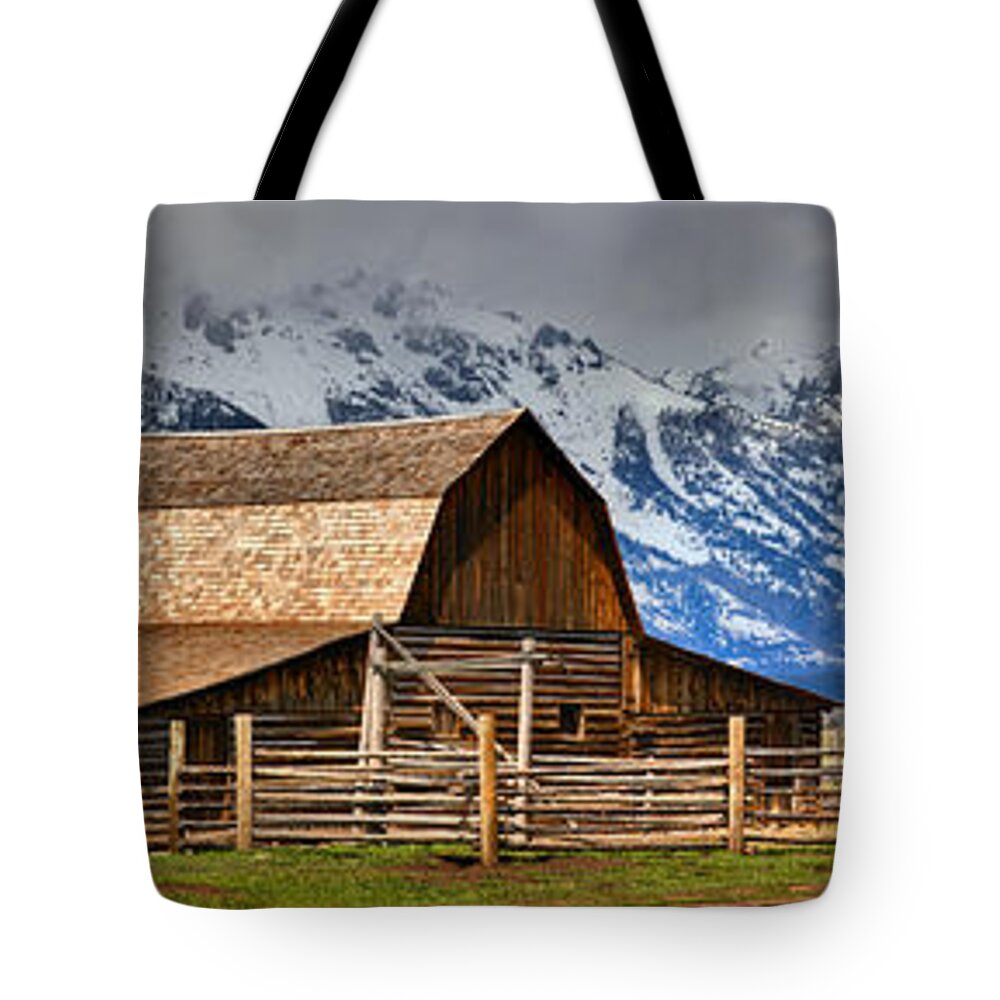 Moulton Barn Tote Bag featuring the photograph T A Moulton Barn Spring Panorama by Adam Jewell