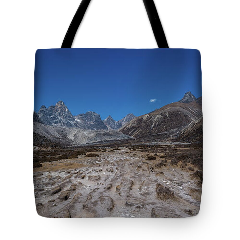 Everest Trek Tote Bag featuring the photograph Tabuche and Awi Peak with the Trail to Pheriche Down the Middle by Mike Reid