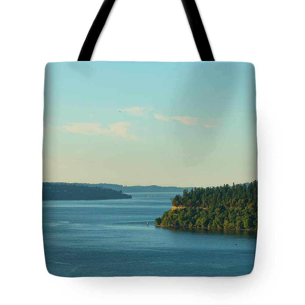  Tote Bag featuring the photograph Tacoma Narrows and Commencement Bay II by E Faithe Lester