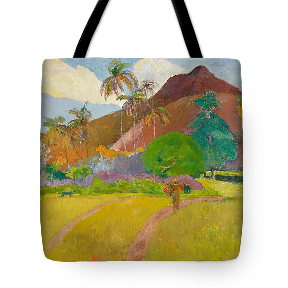 Paul Gauguin Tote Bag featuring the painting Tahitian Landscape, 1891. by Paul Gauguin