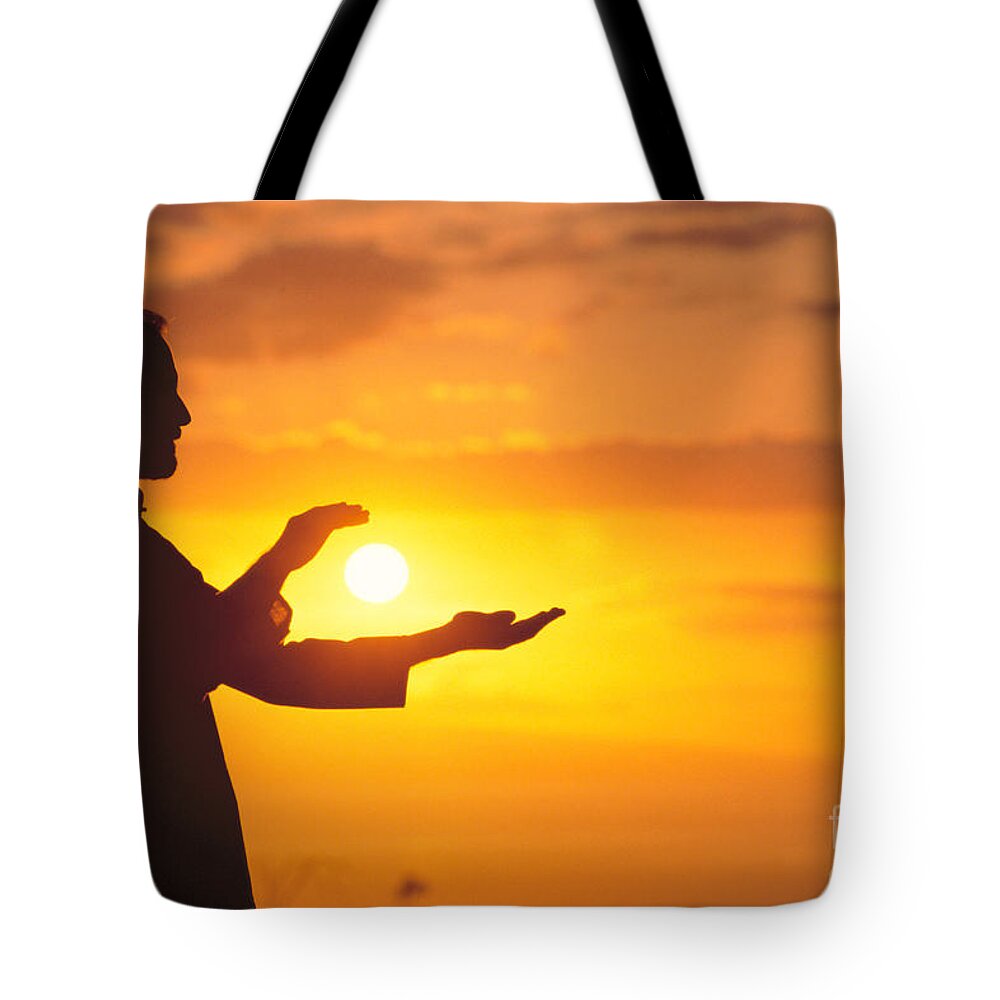 Athletic Sports Art Tote Bag featuring the photograph Tai Chi At Sunset by Joe Carini - Printscapes