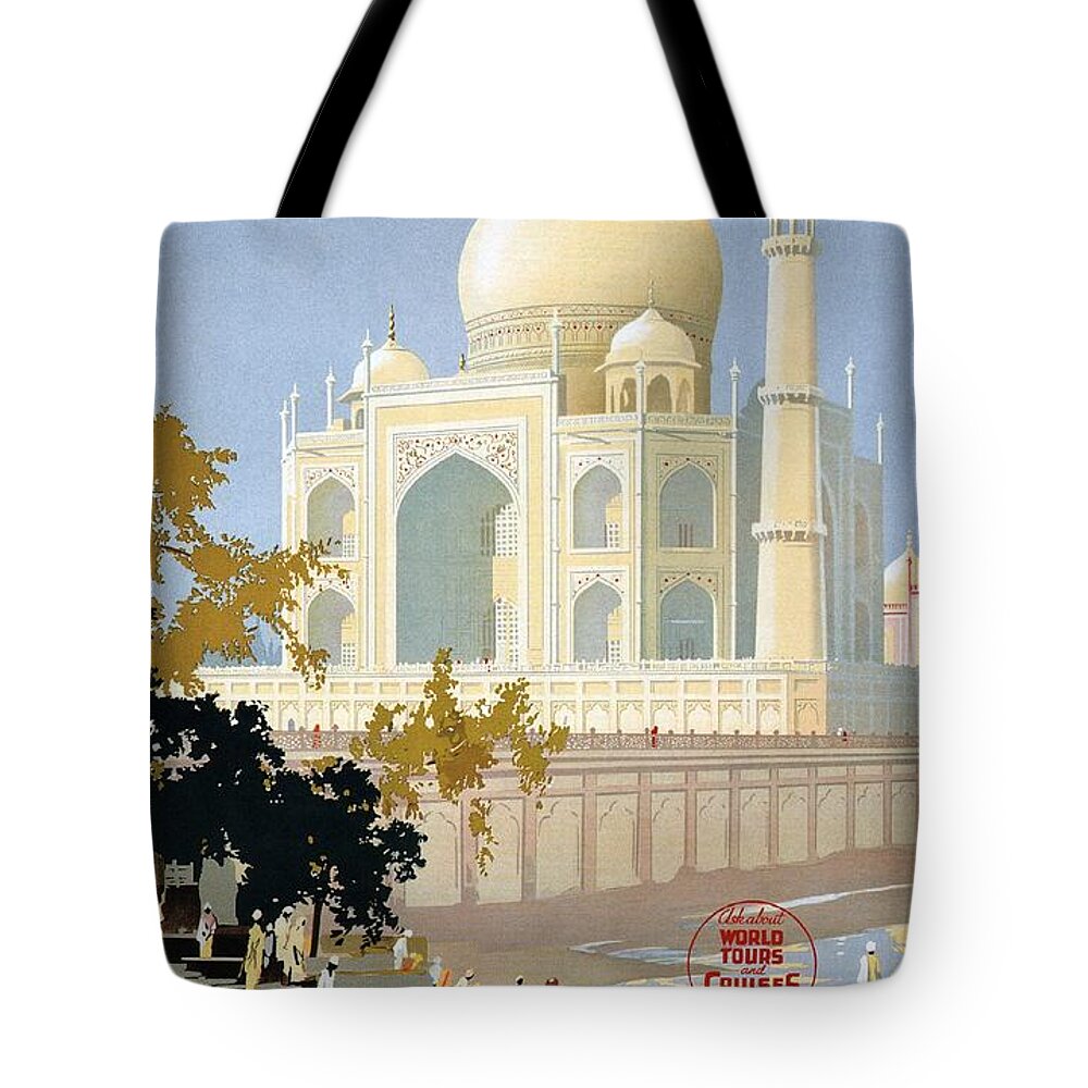Taj Mahal Tote Bag featuring the painting Taj Mahal Agra India - Vintage Travel Advertising Poster by Studio Grafiikka