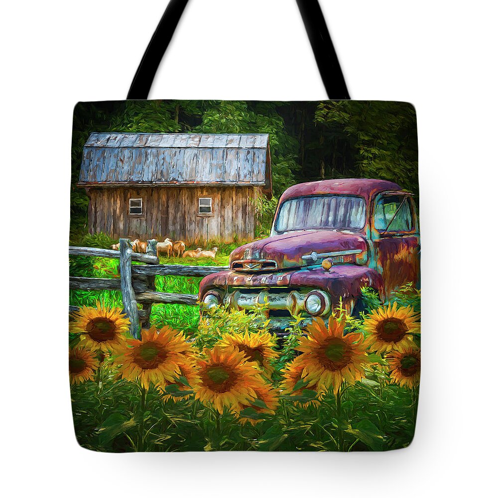 1940s Tote Bag featuring the photograph Take us for a Ride in the Sunflower Patch Oil Painting by Debra and Dave Vanderlaan