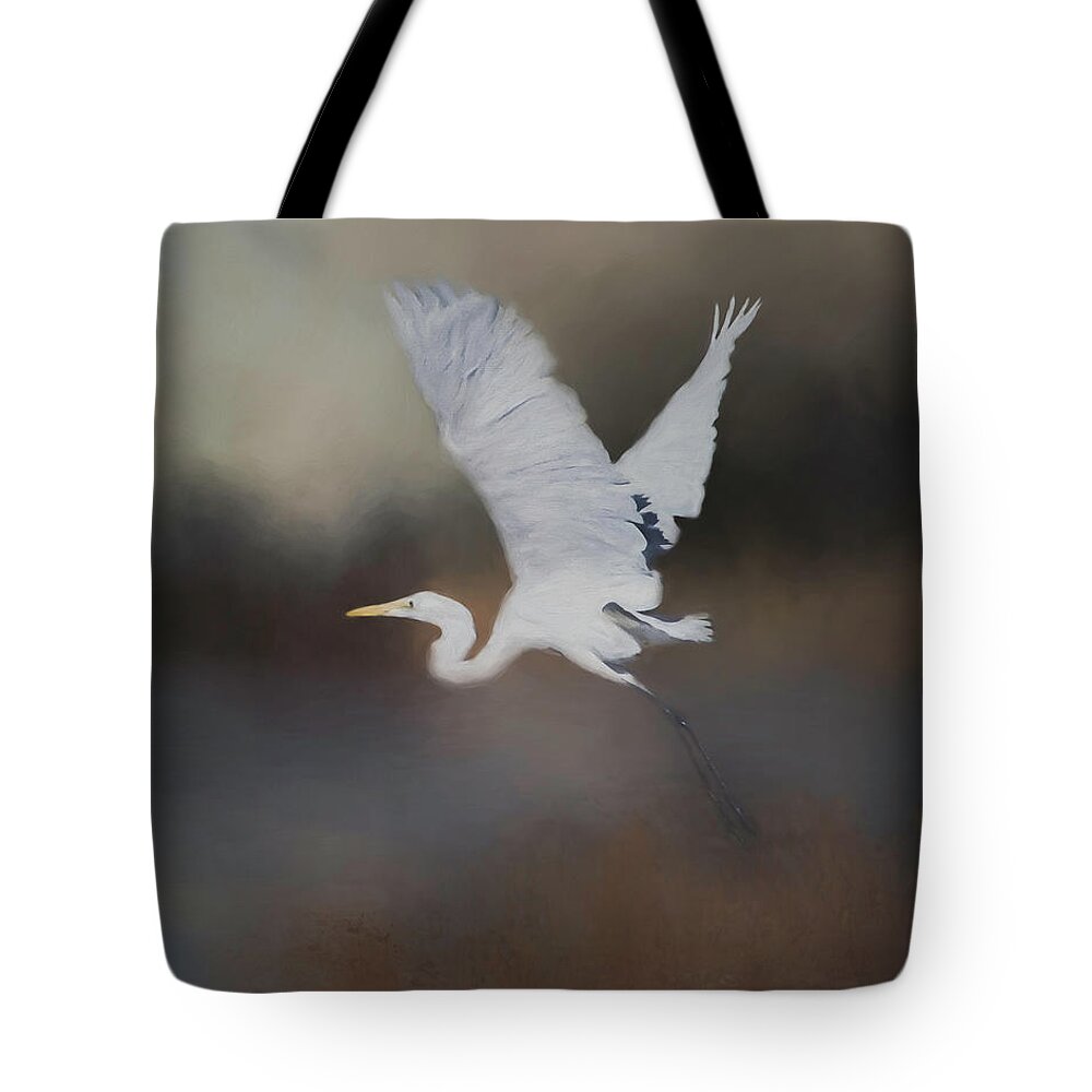Egret Tote Bag featuring the mixed media Taking Flight by Teresa Wilson