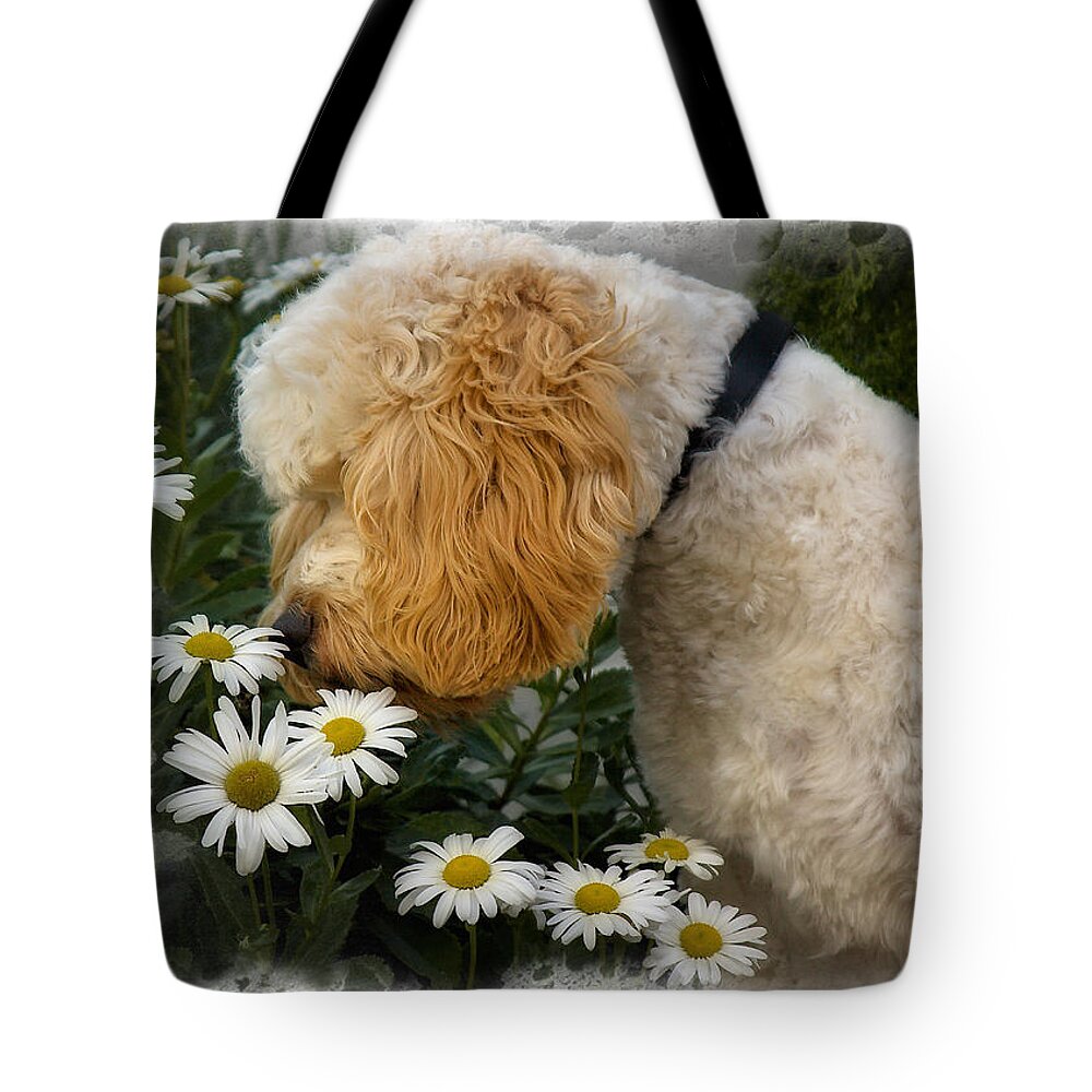 Dog Tote Bag featuring the photograph Taking Time To Smell The Flowers by Susan Candelario
