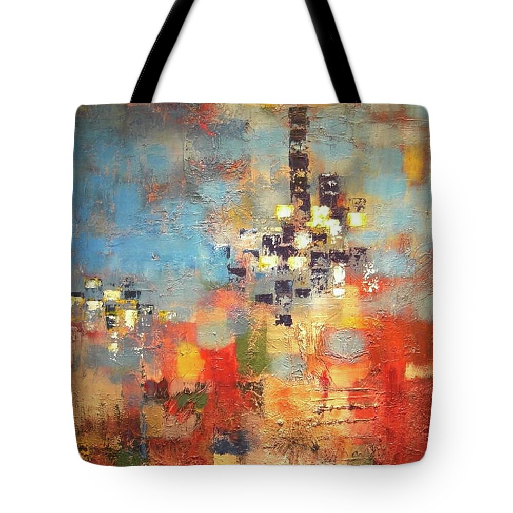 Contemporary Abstract Tote Bag featuring the painting Tall Building by Dennis Ellman