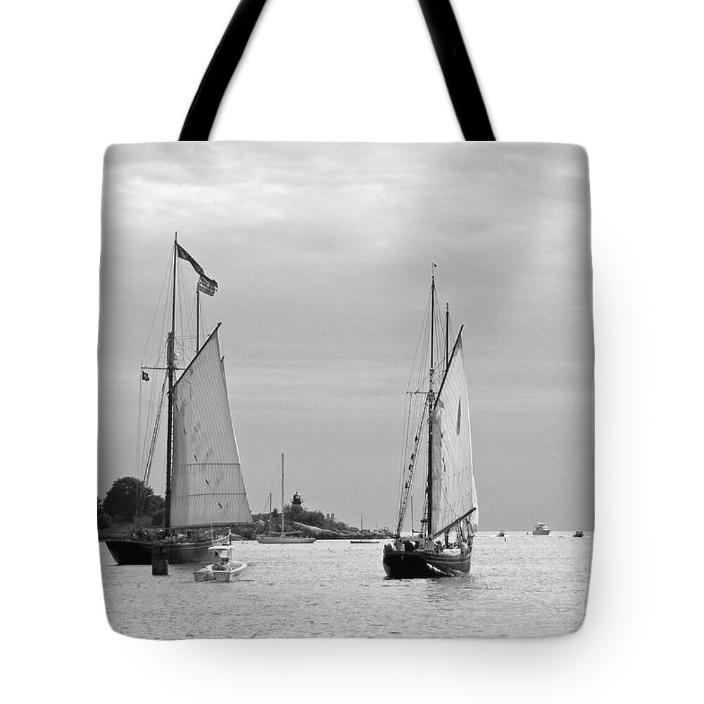 Tall Ships Tote Bag featuring the photograph Tall Ships Sailing I in black and white by Suzanne Gaff