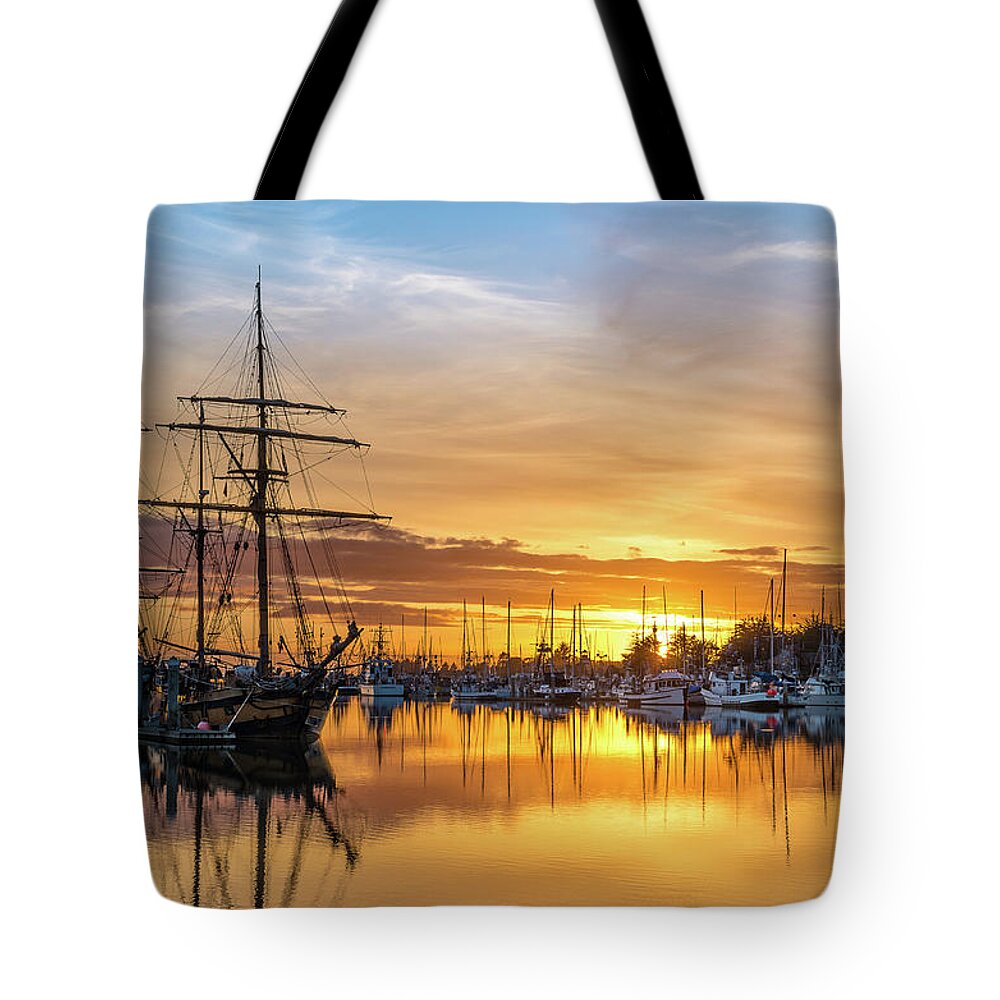 Woodley Island Marina Tote Bag featuring the photograph Tall Ships Sunset 1 by Greg Nyquist