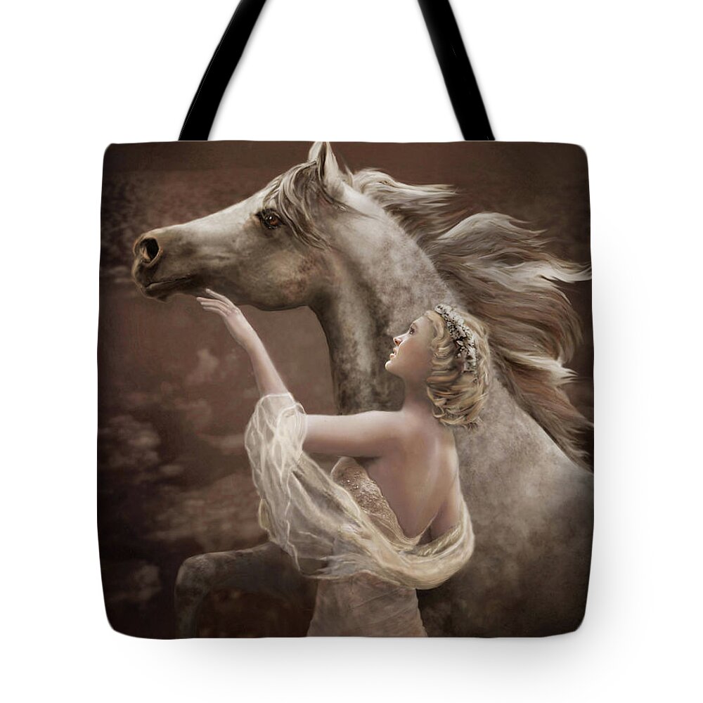 Dynamic Horses Tote Bag featuring the digital art Taming the Wild Spirit by Melinda Hughes-Berland
