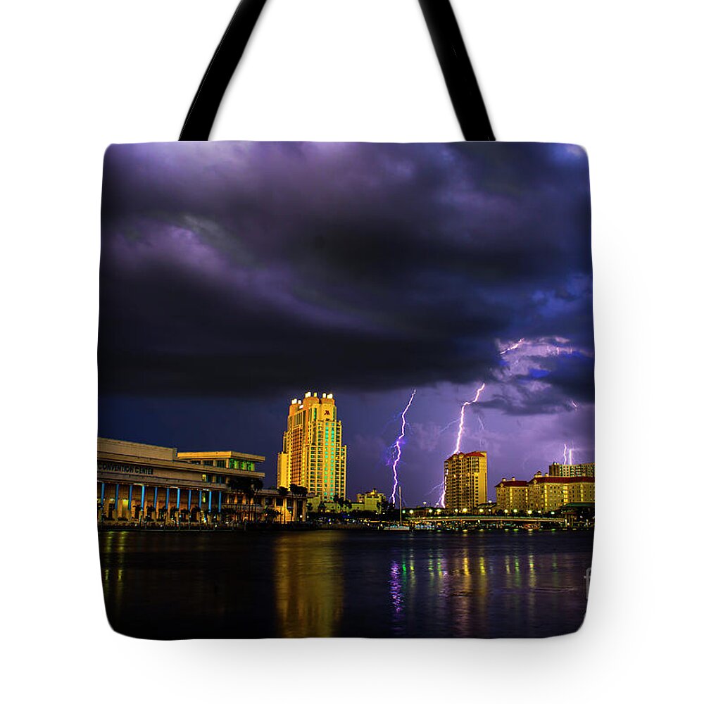 Lightning Tote Bag featuring the photograph Tampa Lightning by Quinn Sedam