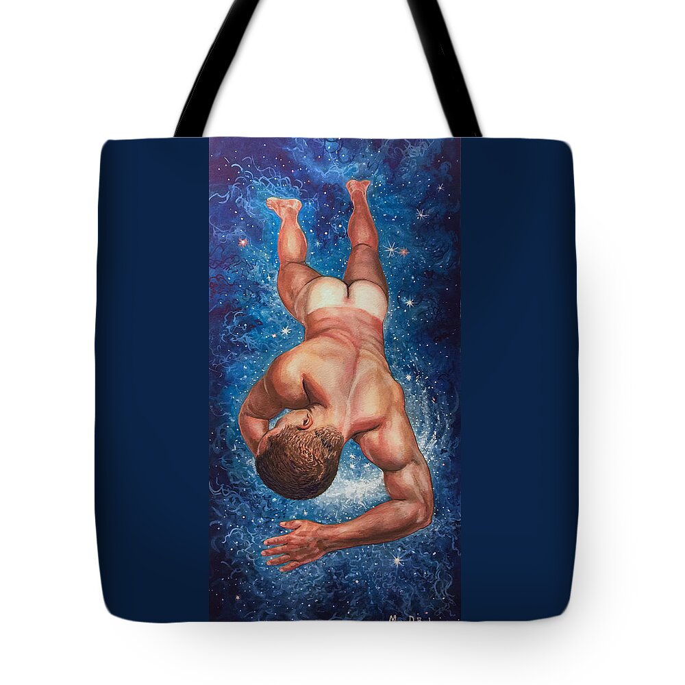 Nude Male Tote Bag featuring the painting Tan Lines In Space by Marc DeBauch