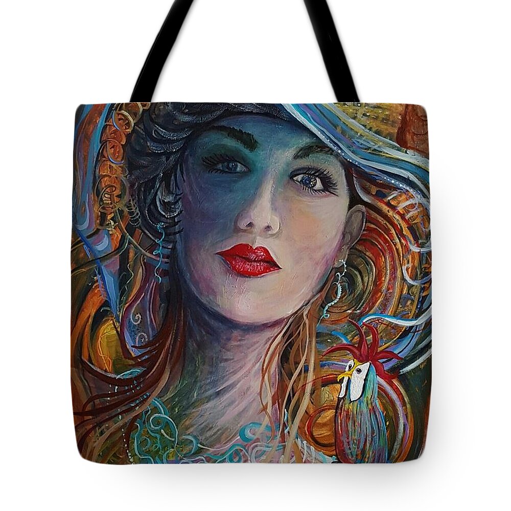 Women Portrait Whimsical Bird Tote Bag featuring the painting Tango Friends by Jan VonBokel
