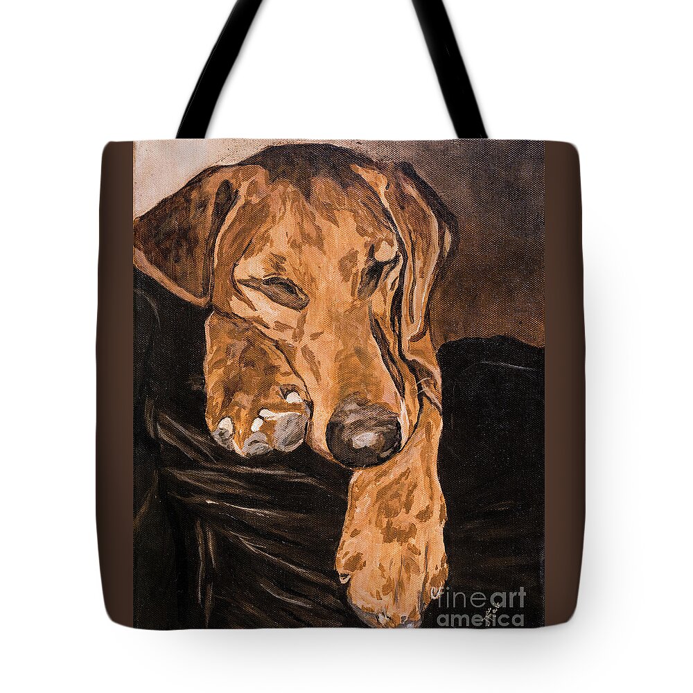 Yellow Lab Tote Bag featuring the painting Tanner in Repose by Jackie MacNair