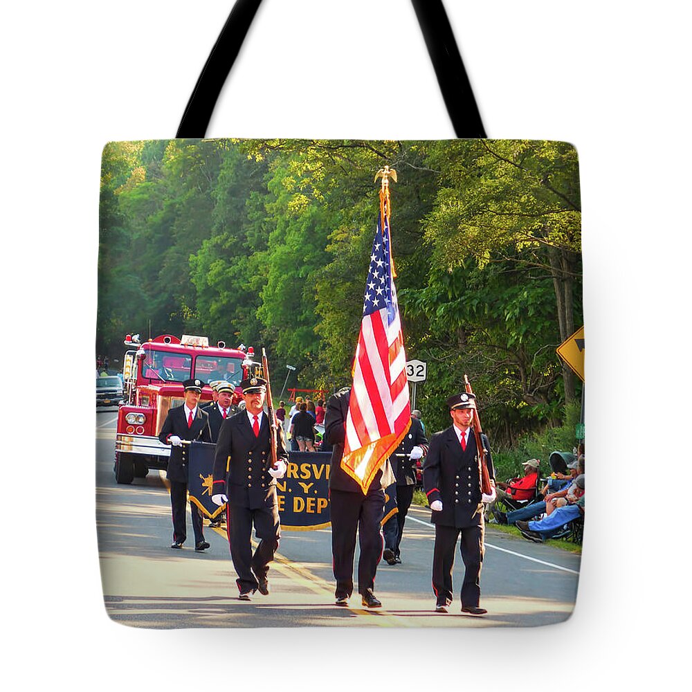 Tannersville Fire Department Tote Bag featuring the painting Tannersville Fire Department 6 by Jeelan Clark