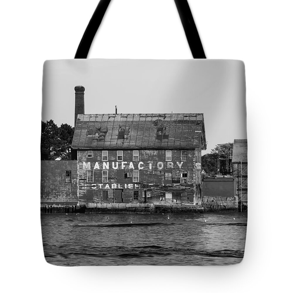 Tarr Tote Bag featuring the photograph Tarr And Wonson Paint Manufactory in Black and White by Brian MacLean