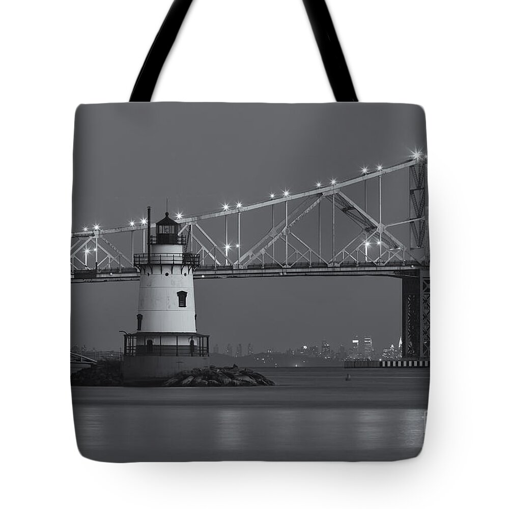 Clarence Holmes Tote Bag featuring the photograph Tarrytown Lighthouse and Tappan Zee Bridge at Twilight II by Clarence Holmes