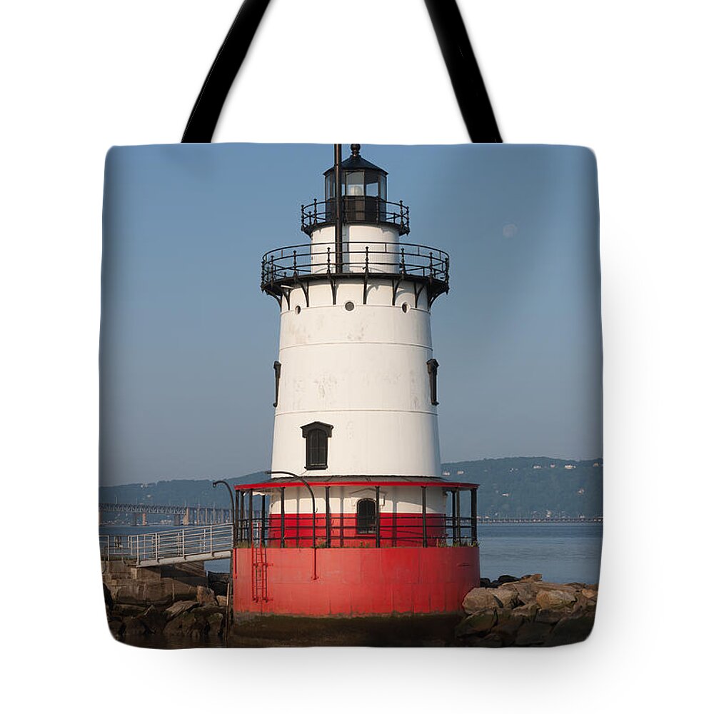 Clarence Holmes Tote Bag featuring the photograph Tarrytown Lighthouse and Waning Moon by Clarence Holmes